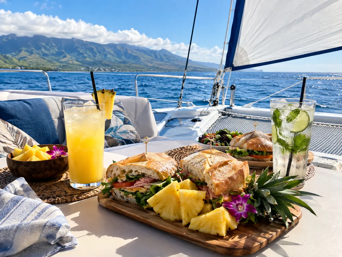 Sandwichs, ananas frais et boissons fraîches sur le pont d'un catamaran à voile