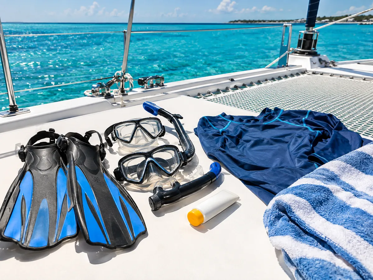 Masques de snorkeling, palmes, crème solaire minérale et t-shirt anti-UV sur le pont d'un catamaran